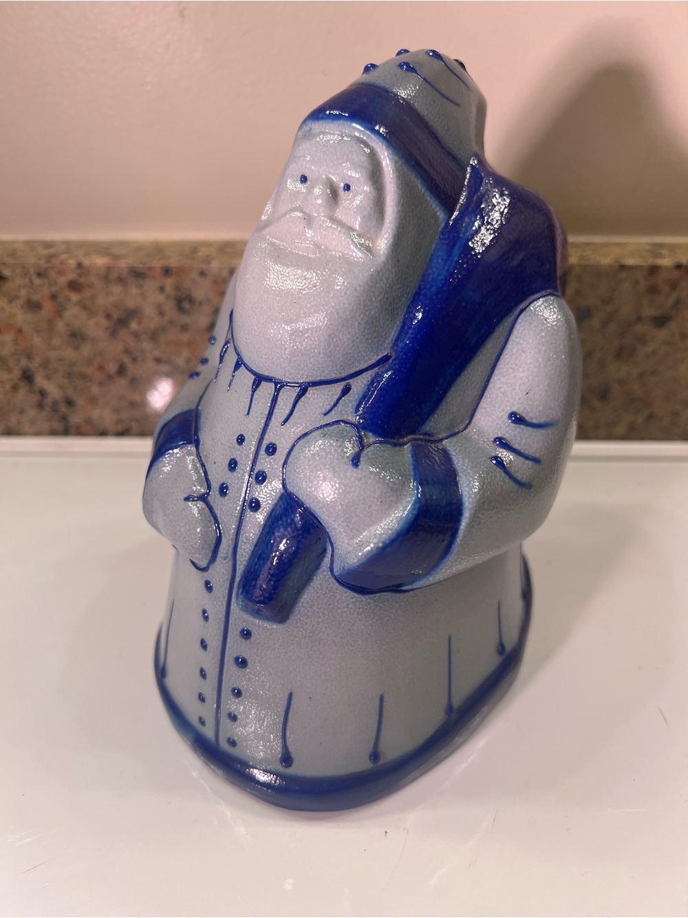 Blue & White Stoneware Santa Figurine Signed Eldreth 1991- Decorative Home Art